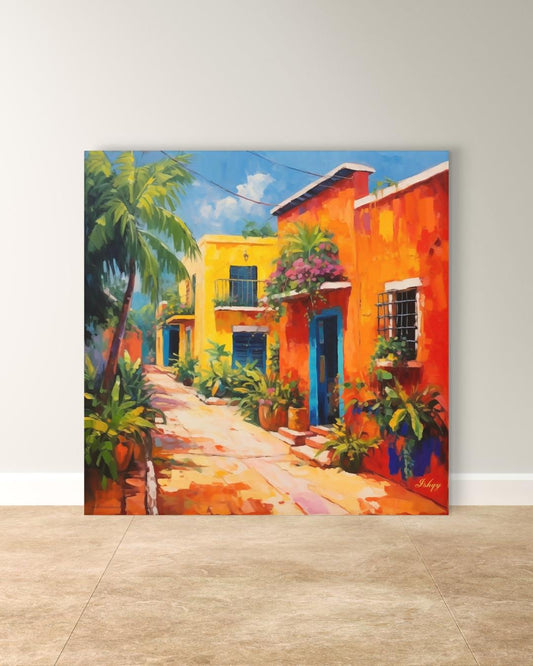 Merida Yucatan Street Painting Print on Canvas & Framed Canvas Mexico Wall Art, Colorful Colonial Home Decor Art Print