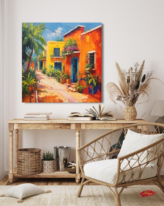 Merida Yucatan Street Painting Print on Canvas & Framed Canvas Mexico Wall Art, Colorful Colonial Home Decor Art Print