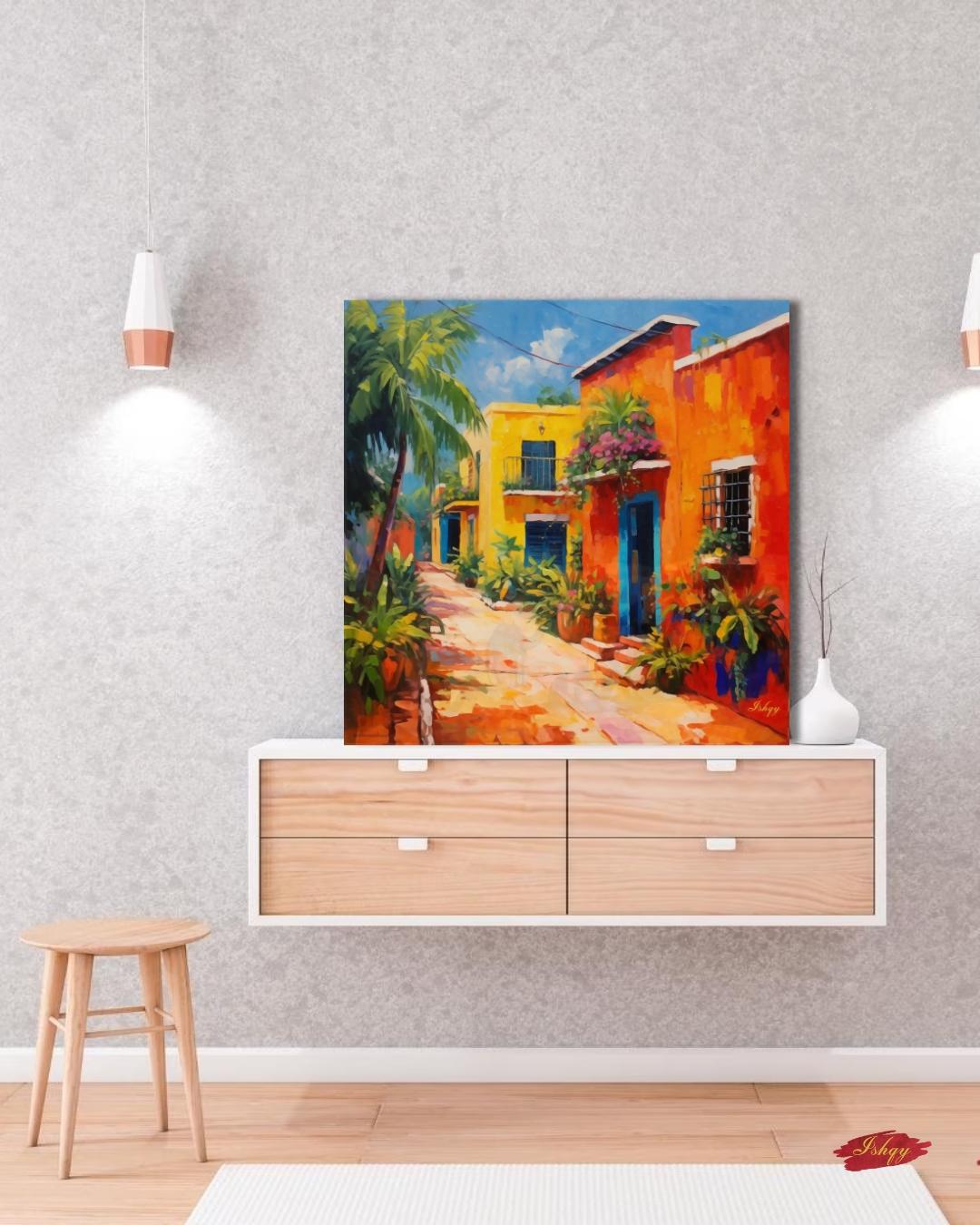 Merida Yucatan Street Painting Print on Canvas & Framed Canvas Mexico Wall Art, Colorful Colonial Home Decor Art Print