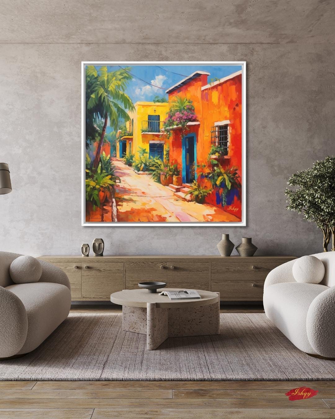 Merida Yucatan Street Painting Print on Canvas & Framed Canvas Mexico Wall Art, Colorful Colonial Home Decor Art Print