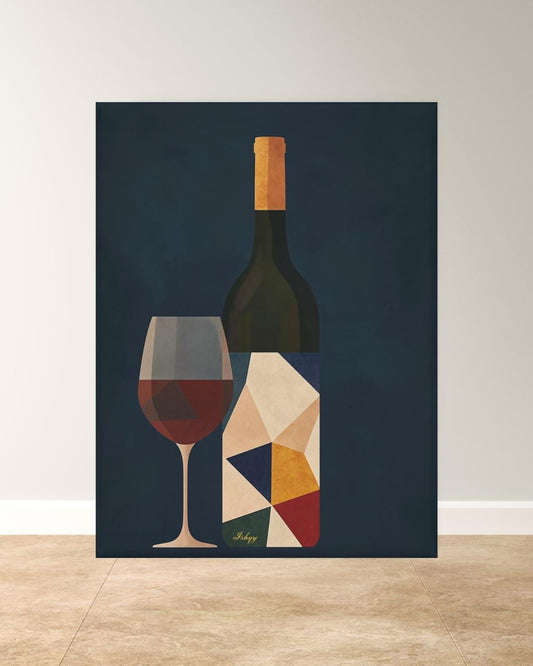 Wine Wall Art Print, Modern Abstract Wine Bottle and Glass Canvas, Bold Geometric Kitchen Decor, Framed Bar Art for Dining Room Walls