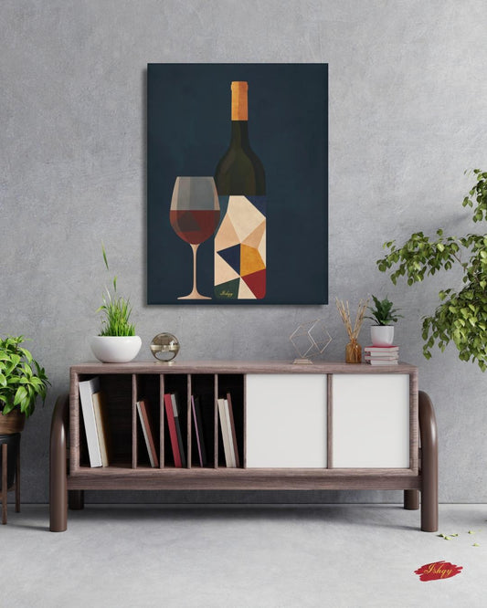 Wine Wall Art Print, Modern Abstract Wine Bottle and Glass Canvas, Bold Geometric Kitchen Decor, Framed Bar Art for Dining Room Walls