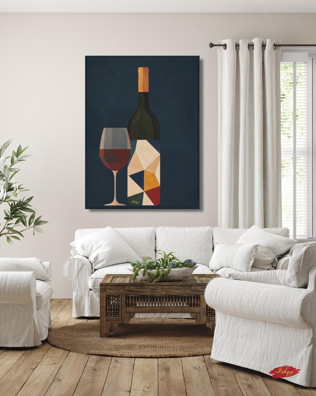 Wine Wall Art Print, Modern Abstract Wine Bottle and Glass Canvas, Bold Geometric Kitchen Decor, Framed Bar Art for Dining Room Walls