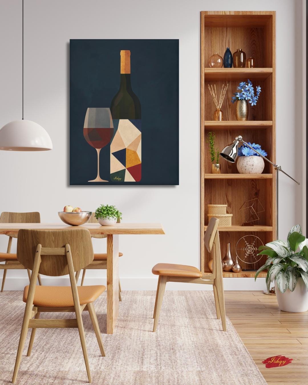 Wine Wall Art Print, Modern Abstract Wine Bottle and Glass Canvas, Bold Geometric Kitchen Decor, Framed Bar Art for Dining Room Walls