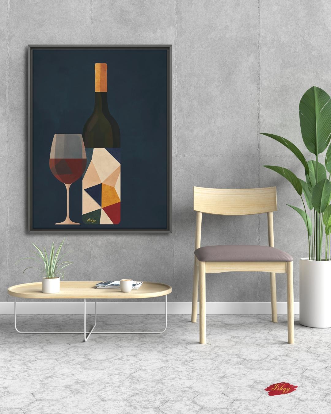 Wine Wall Art Print, Modern Abstract Wine Bottle and Glass Canvas, Bold Geometric Kitchen Decor, Framed Bar Art for Dining Room Walls
