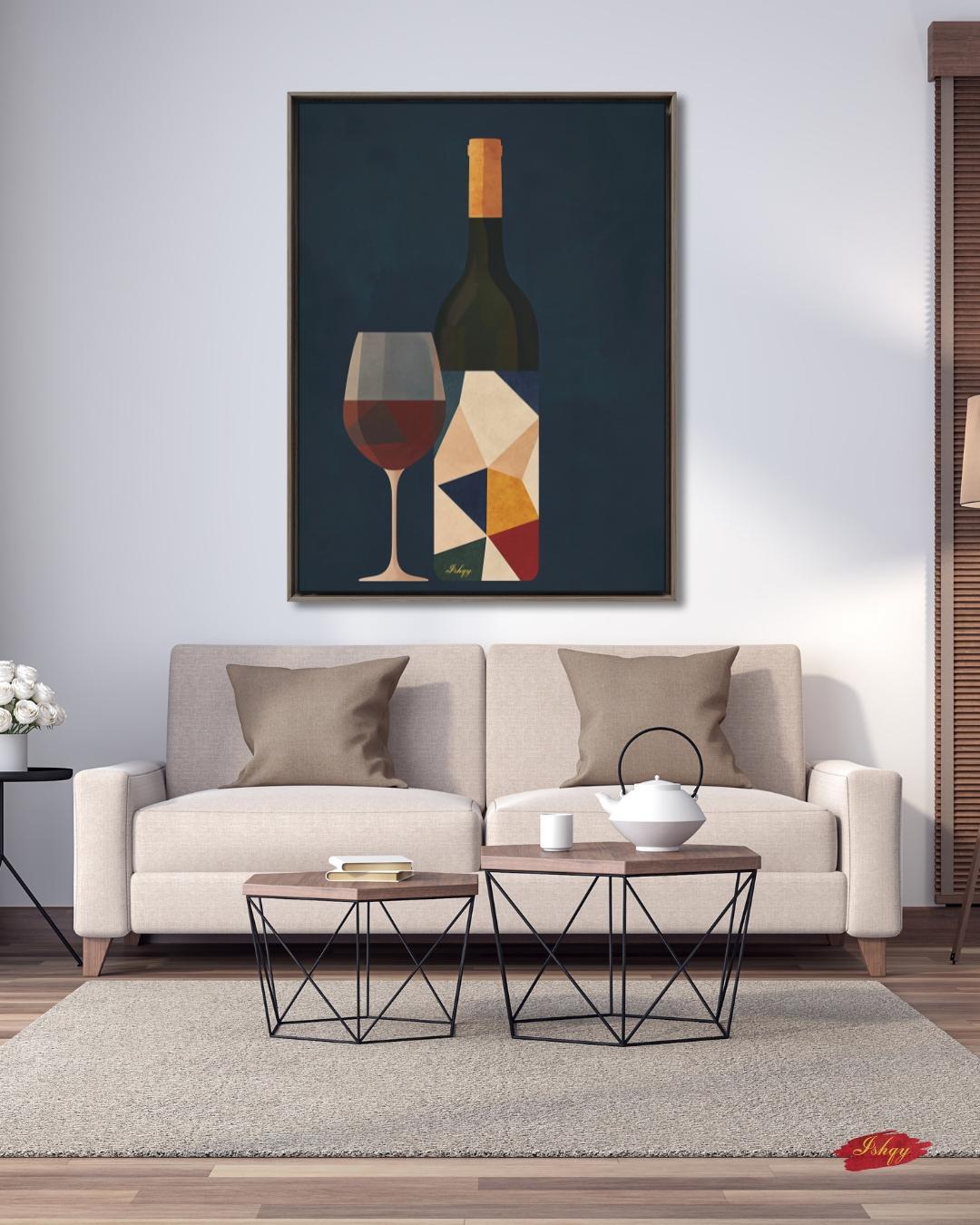 Wine Wall Art Print, Modern Abstract Wine Bottle and Glass Canvas, Bold Geometric Kitchen Decor, Framed Bar Art for Dining Room Walls