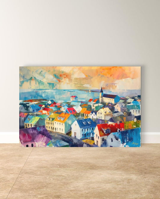 Reykjavik Cityscape Painting, Canvas & Framed Canvas Iceland Wall Art, Colorful Reykjavik Skyline Home Decor Nordic Coastal Art Print