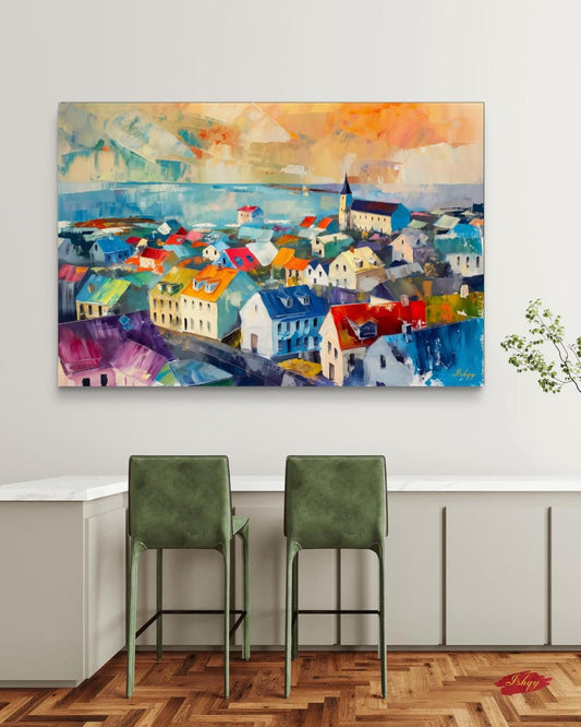 Reykjavik Cityscape Painting, Canvas & Framed Canvas Iceland Wall Art, Colorful Reykjavik Skyline Home Decor Nordic Coastal Art Print