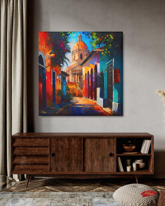 Santo Domingo Colonial Zone Painting, Canvas & Framed Canvas Caribbean Wall Art, Colorful Dominican Republic Cityscape Home Decor Art Print