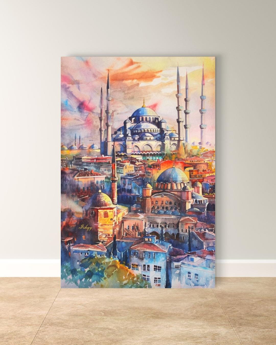 Istanbul Wall Art Print Blue Mosque Painting, Turkish Cityscape Decor, Watercolor Skyline Canvas, Middle Eastern Architecture Wall Decor