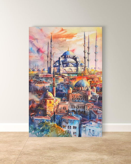 Istanbul Wall Art Print Blue Mosque Painting, Turkish Cityscape Decor, Watercolor Skyline Canvas, Middle Eastern Architecture Wall Decor