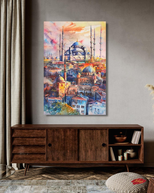 Istanbul Wall Art Print Blue Mosque Painting, Turkish Cityscape Decor, Watercolor Skyline Canvas, Middle Eastern Architecture Wall Decor
