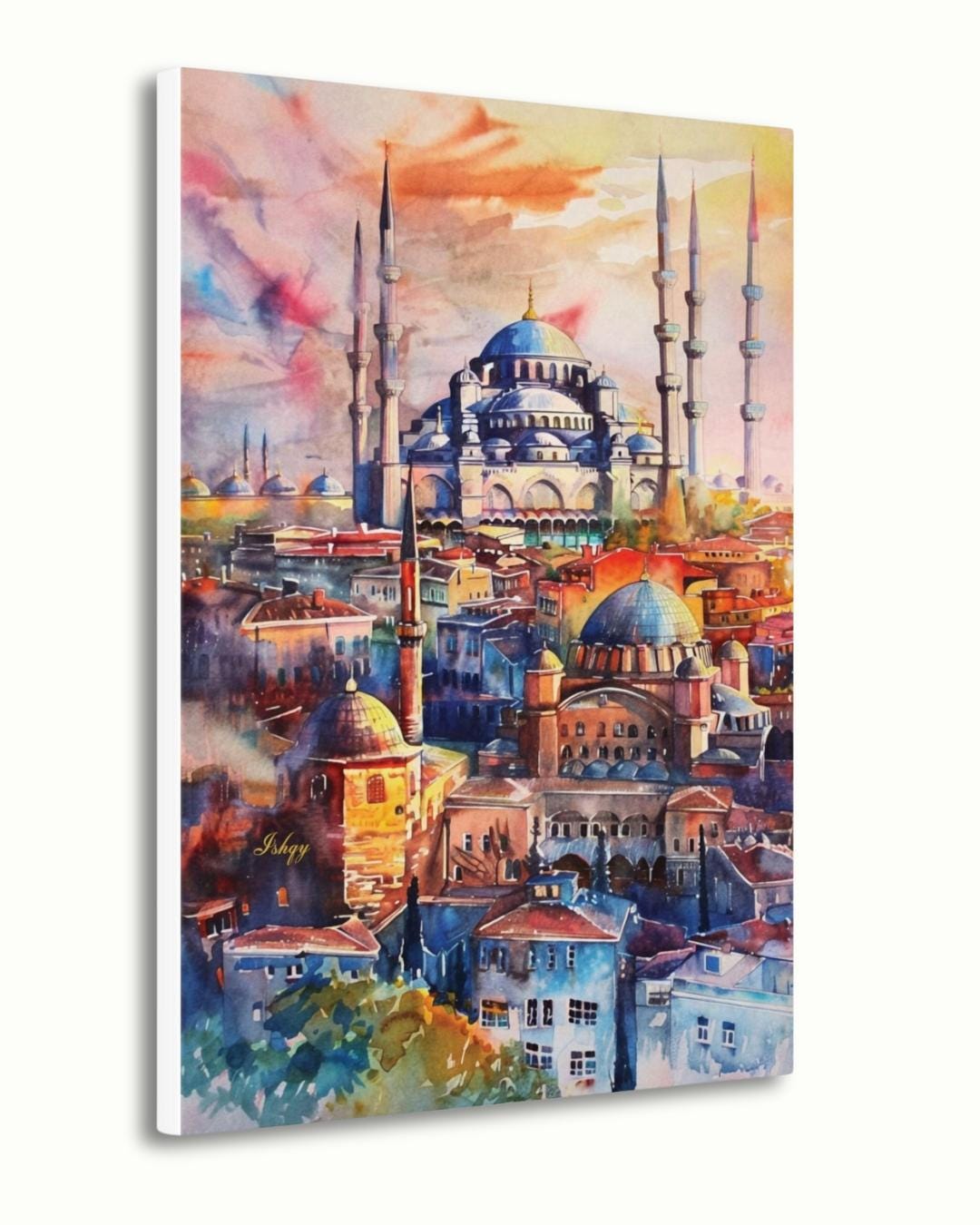 Istanbul Wall Art Print Blue Mosque Painting, Turkish Cityscape Decor, Watercolor Skyline Canvas, Middle Eastern Architecture Wall Decor