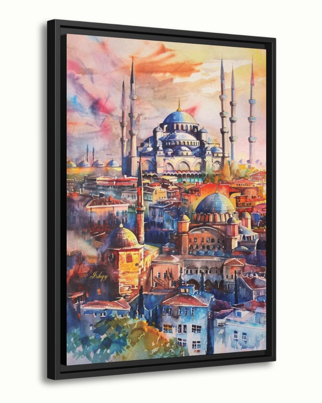 Istanbul Wall Art Print Blue Mosque Painting, Turkish Cityscape Decor, Watercolor Skyline Canvas, Middle Eastern Architecture Wall Decor