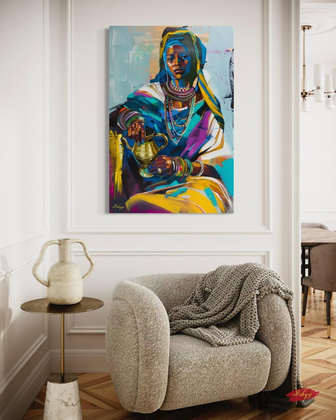Ethiopian Woman Coffee Ceremony Painting Print, Canvas & Framed Canvas African Wall Art, Afrocentric Home Decor, Colorful Portrait Art Print