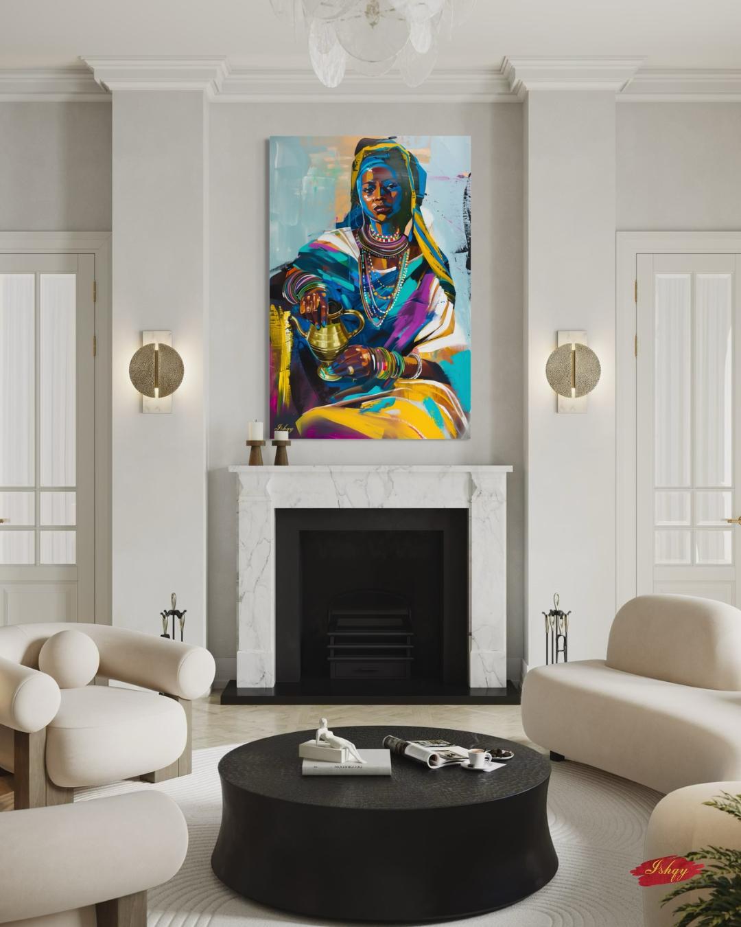 Ethiopian Woman Coffee Ceremony Painting Print, Canvas & Framed Canvas African Wall Art, Afrocentric Home Decor, Colorful Portrait Art Print