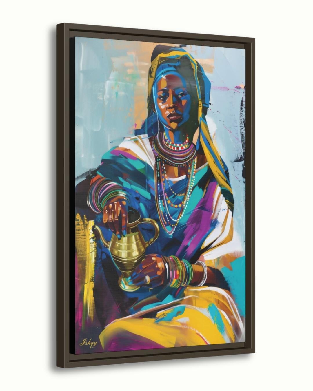 Ethiopian Woman Coffee Ceremony Painting Print, Canvas & Framed Canvas African Wall Art, Afrocentric Home Decor, Colorful Portrait Art Print