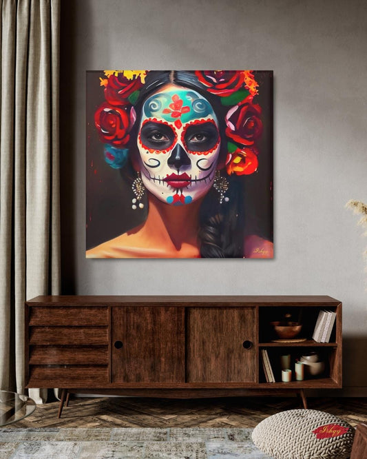 Día de los Muertos Wall Art Print, Mexican Sugar Skull Portrait Canvas, Day of the Dead Home Decor, Square Face Painting Artwork