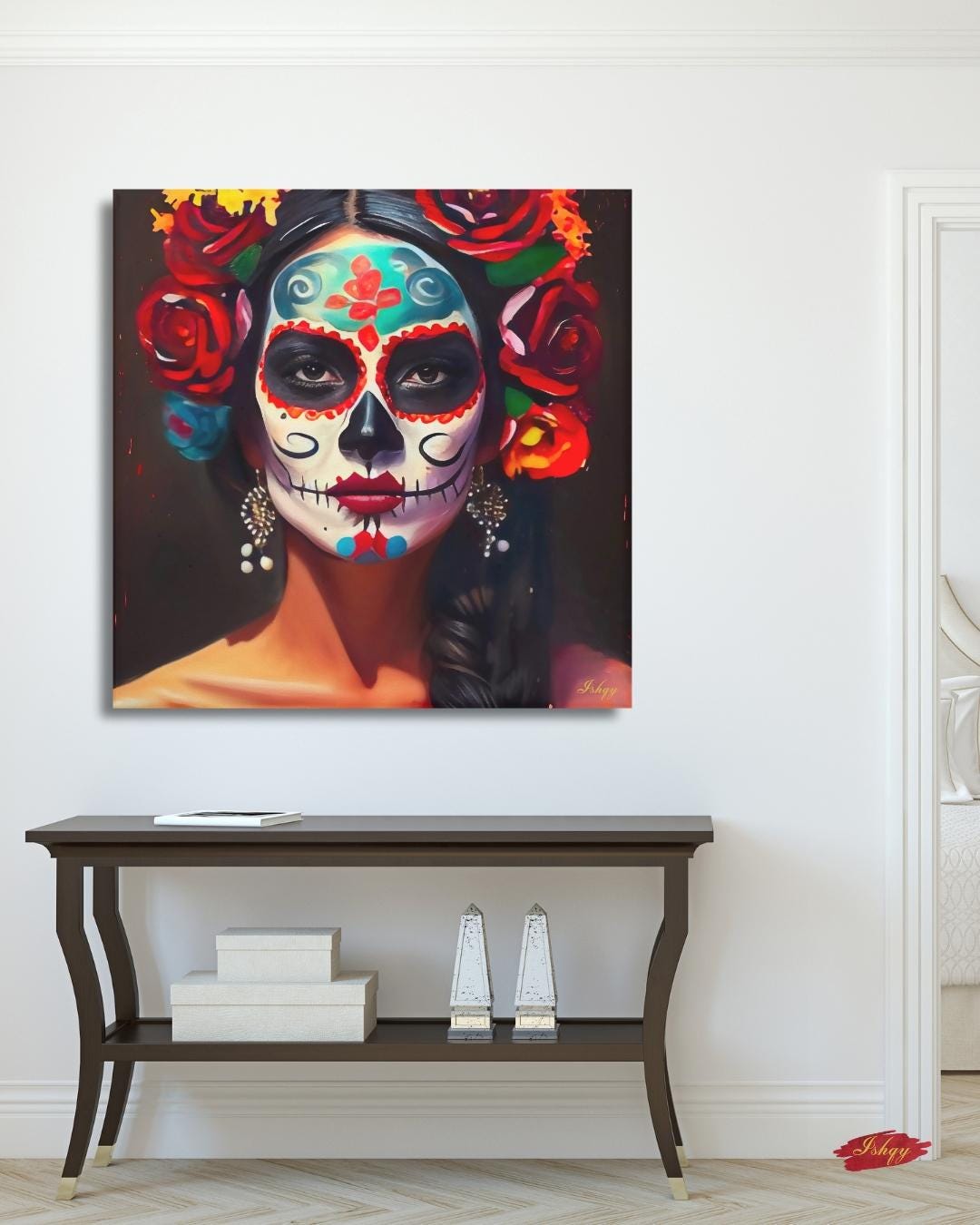 Día de los Muertos Wall Art Print, Mexican Sugar Skull Portrait Canvas, Day of the Dead Home Decor, Square Face Painting Artwork