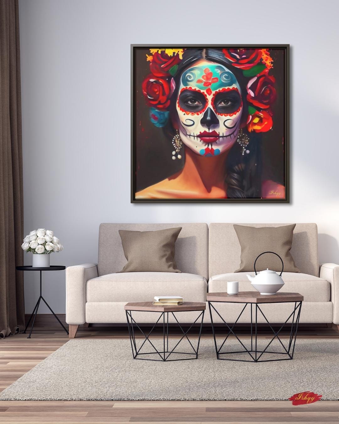 Día de los Muertos Wall Art Print, Mexican Sugar Skull Portrait Canvas, Day of the Dead Home Decor, Square Face Painting Artwork