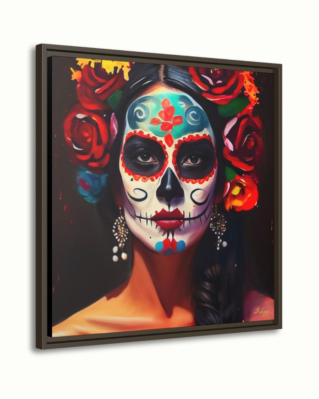 Día de los Muertos Wall Art Print, Mexican Sugar Skull Portrait Canvas, Day of the Dead Home Decor, Square Face Painting Artwork