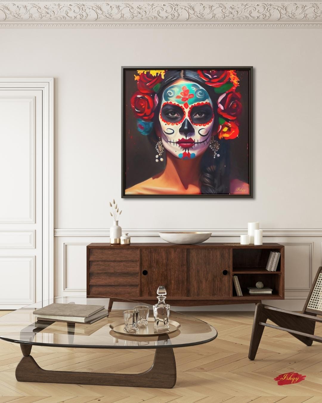 Día de los Muertos Wall Art Print, Mexican Sugar Skull Portrait Canvas, Day of the Dead Home Decor, Square Face Painting Artwork