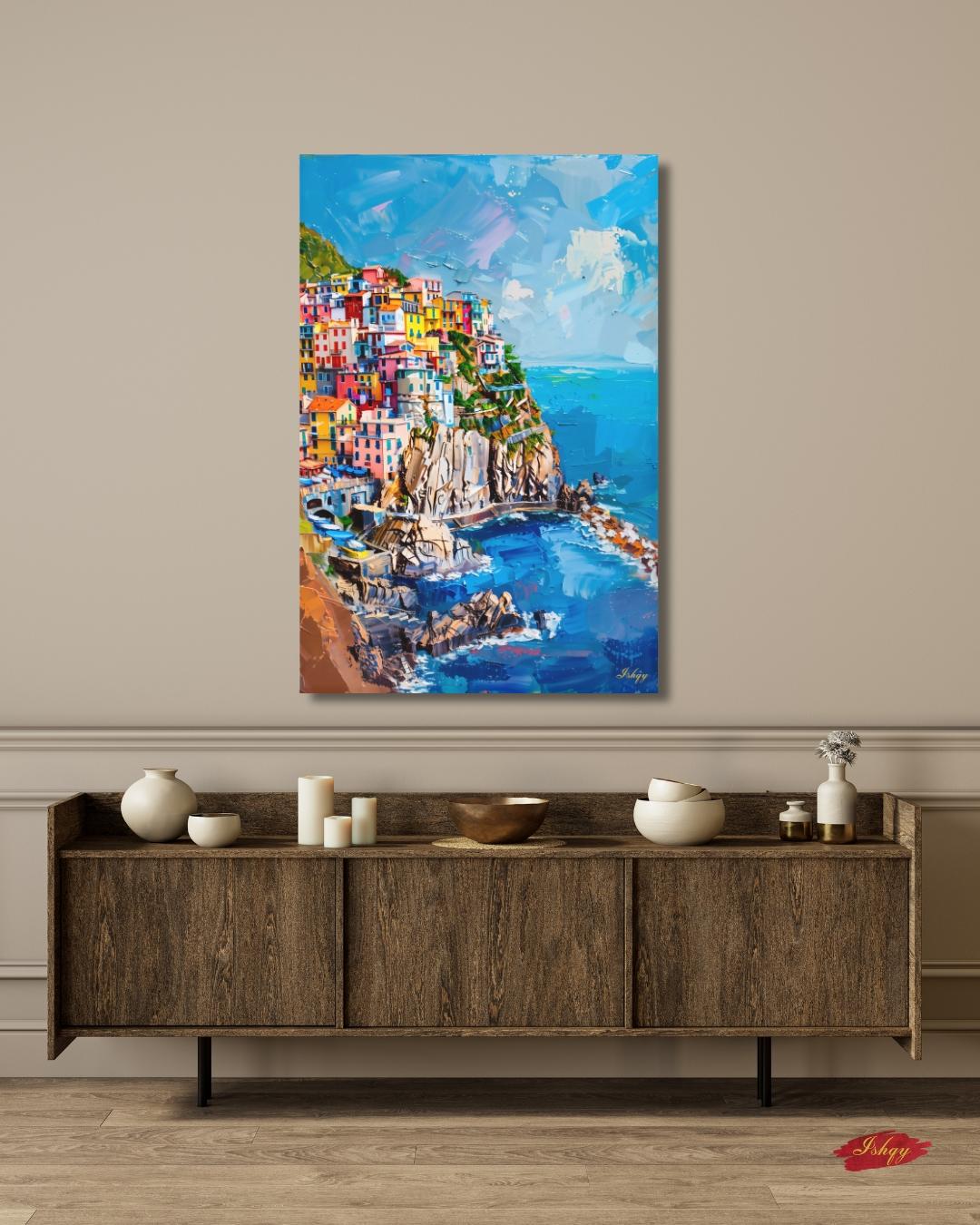 Cinque Terre Canvas Wall Art Print, Italian Coastline Painting Print, Colorful Village Cliffside Decor, Mediterranean Vertical Home Artwork