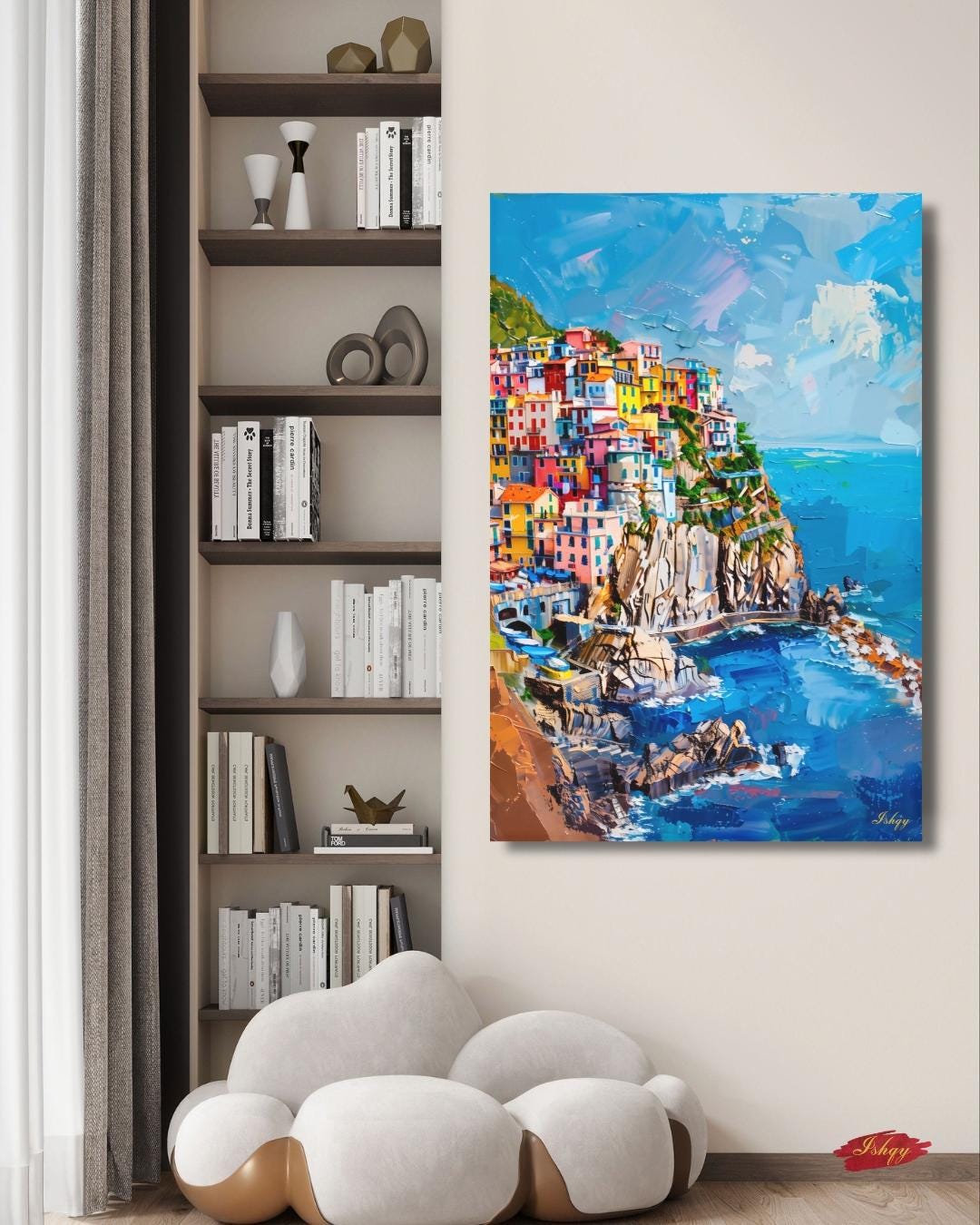 Cinque Terre Canvas Wall Art Print, Italian Coastline Painting Print, Colorful Village Cliffside Decor, Mediterranean Vertical Home Artwork