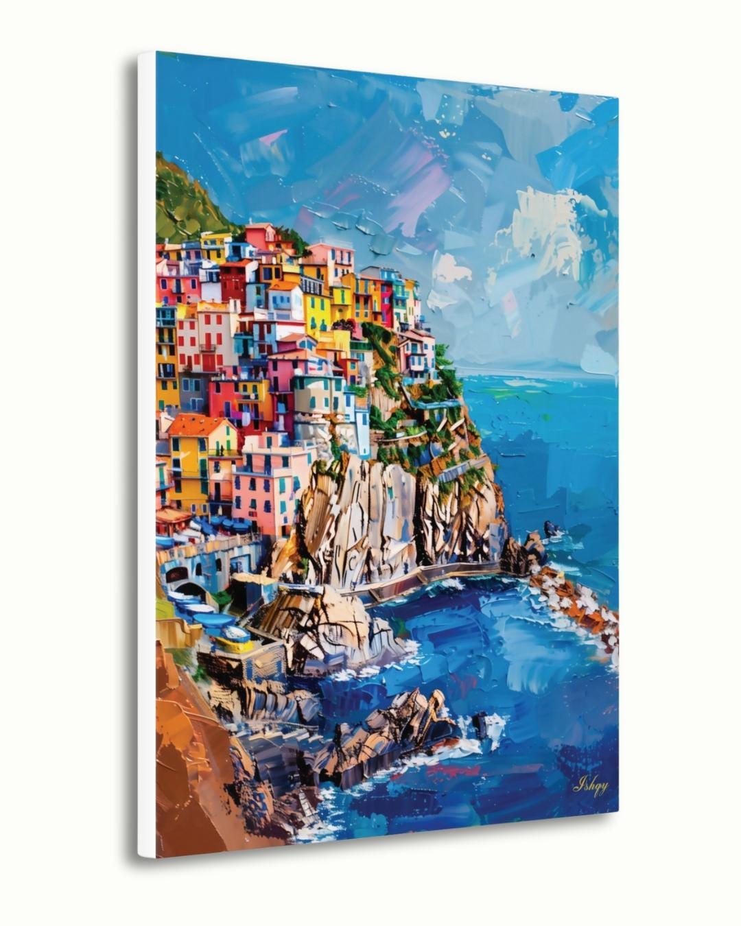 Cinque Terre Canvas Wall Art Print, Italian Coastline Painting Print, Colorful Village Cliffside Decor, Mediterranean Vertical Home Artwork