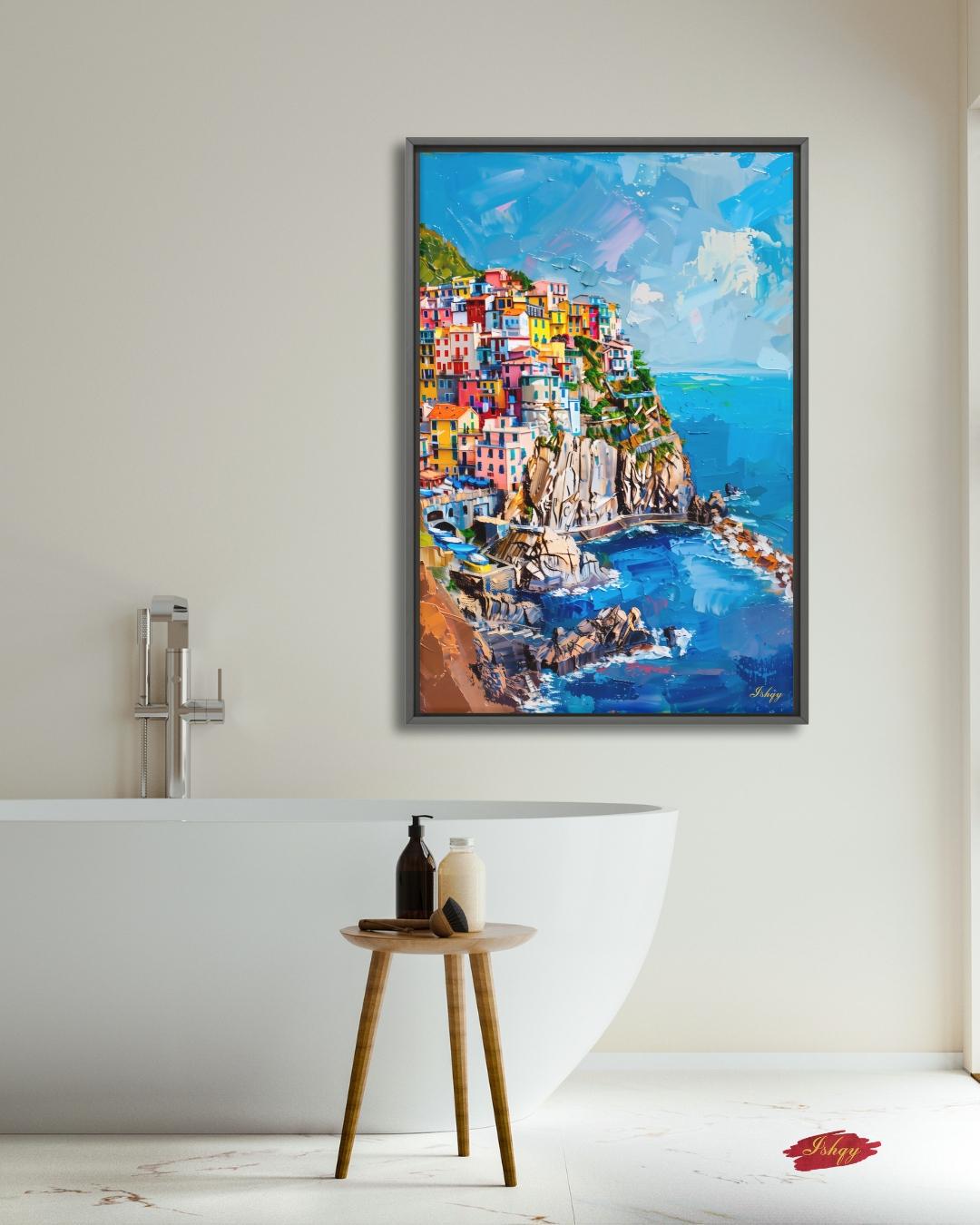 Cinque Terre Canvas Wall Art Print, Italian Coastline Painting Print, Colorful Village Cliffside Decor, Mediterranean Vertical Home Artwork
