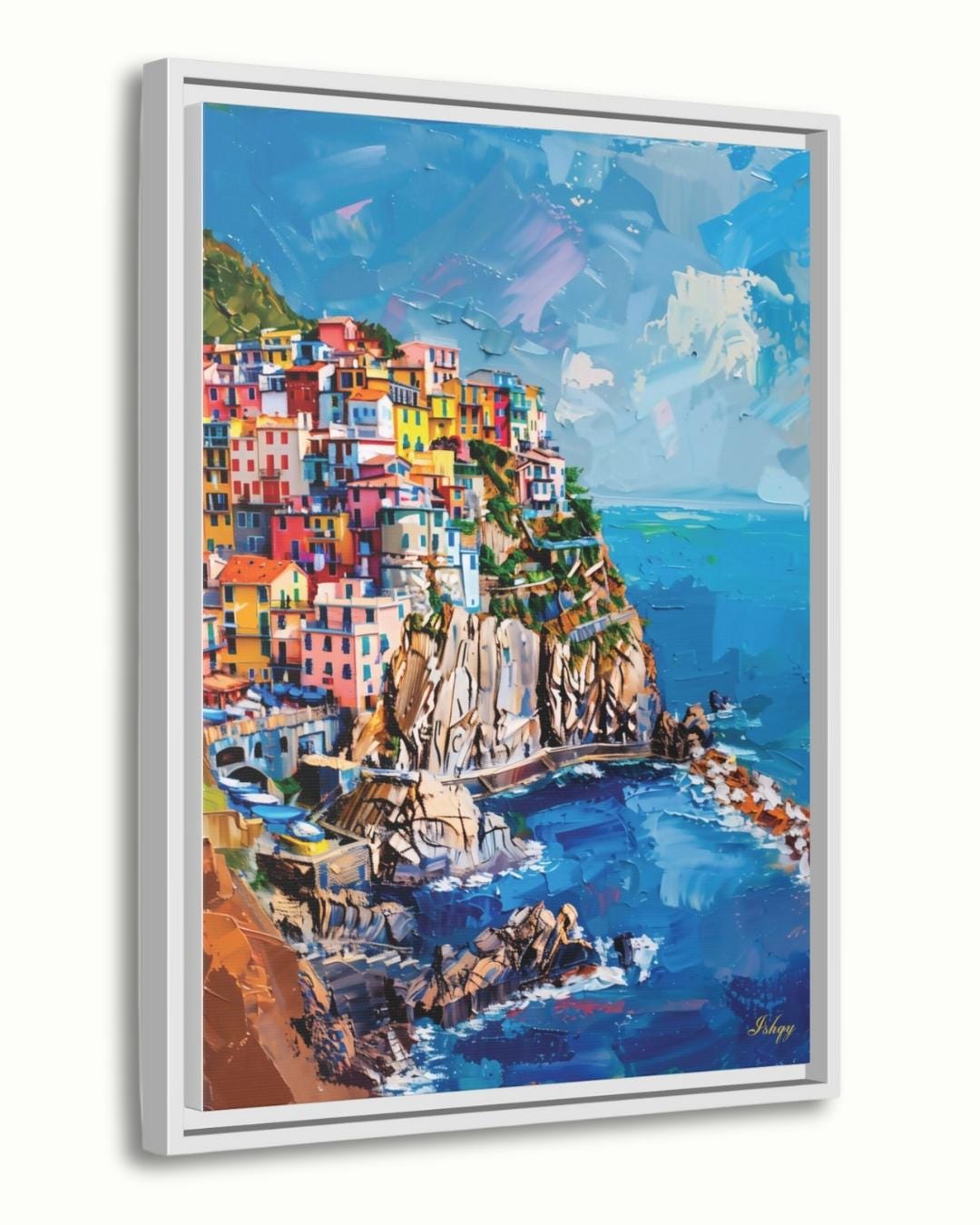 Cinque Terre Canvas Wall Art Print, Italian Coastline Painting Print, Colorful Village Cliffside Decor, Mediterranean Vertical Home Artwork