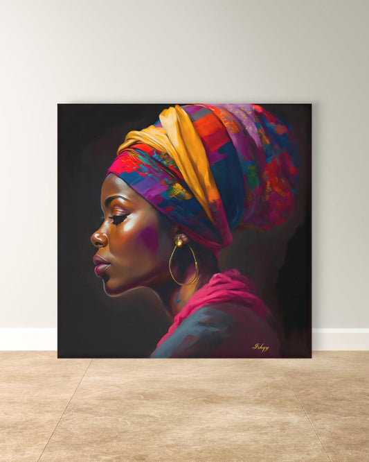 African Woman Canvas Wall Art, Bold Black Woman Framed Portrait, Colorful Headwrap Painting, Square Afrocentric Wall Decor Print