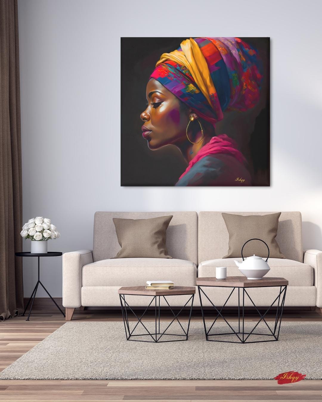 African Woman Canvas Wall Art, Bold Black Woman Framed Portrait, Colorful Headwrap Painting, Square Afrocentric Wall Decor Print