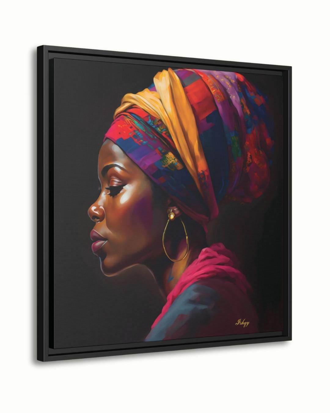 African Woman Canvas Wall Art, Bold Black Woman Framed Portrait, Colorful Headwrap Painting, Square Afrocentric Wall Decor Print