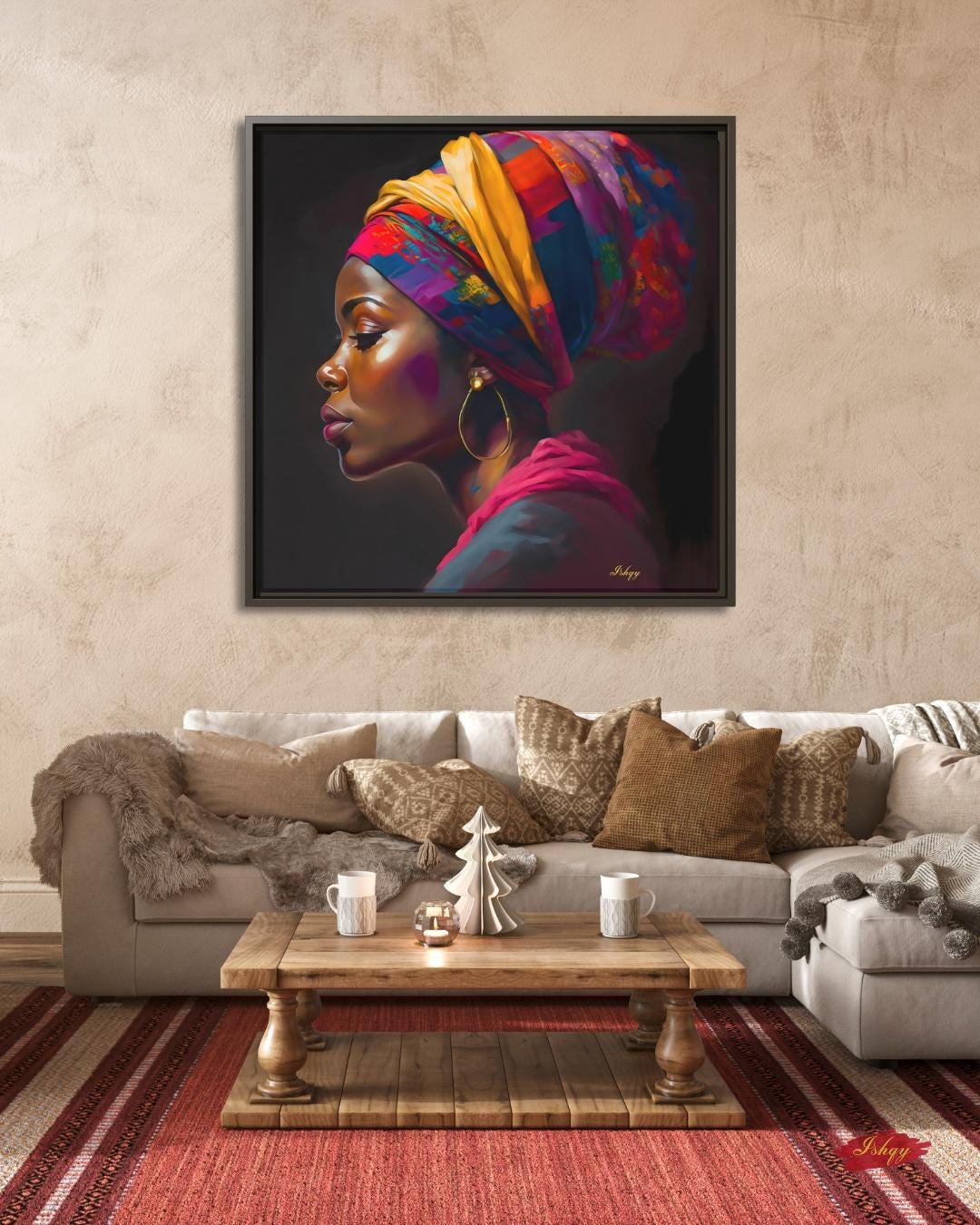 African Woman Canvas Wall Art, Bold Black Woman Framed Portrait, Colorful Headwrap Painting, Square Afrocentric Wall Decor Print