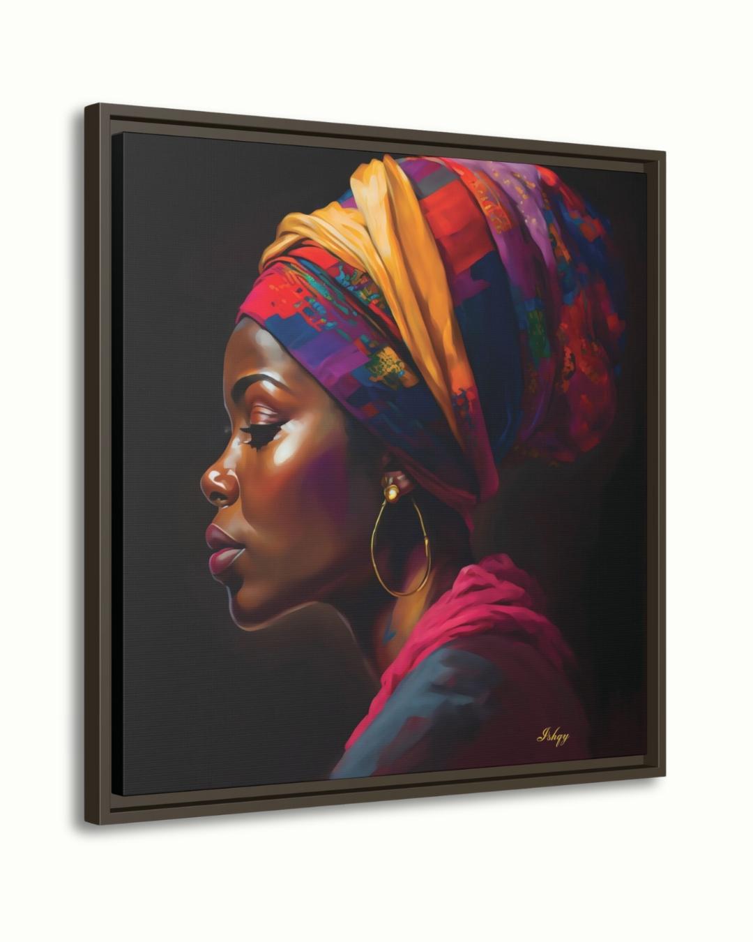 African Woman Canvas Wall Art, Bold Black Woman Framed Portrait, Colorful Headwrap Painting, Square Afrocentric Wall Decor Print