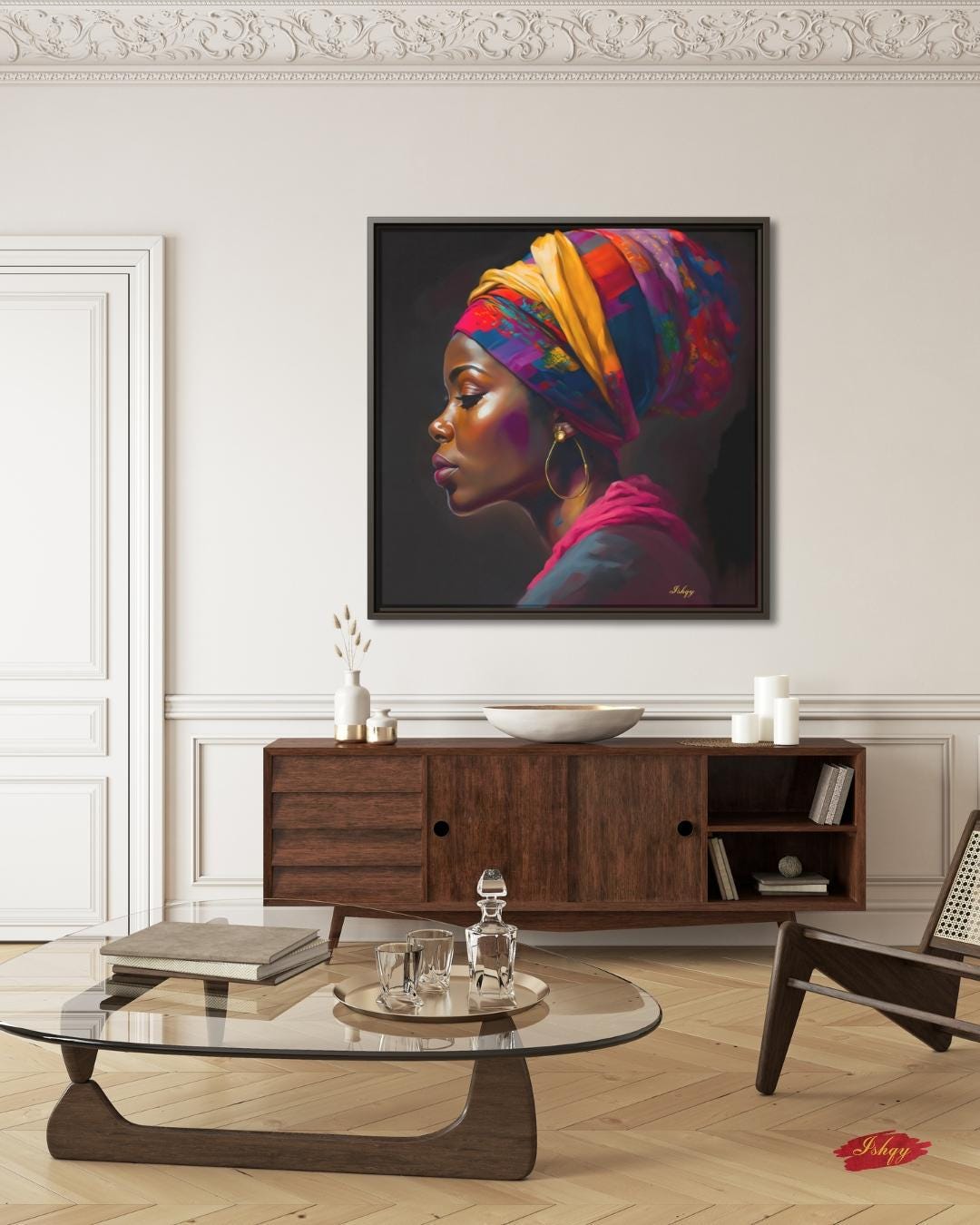 African Woman Canvas Wall Art, Bold Black Woman Framed Portrait, Colorful Headwrap Painting, Square Afrocentric Wall Decor Print