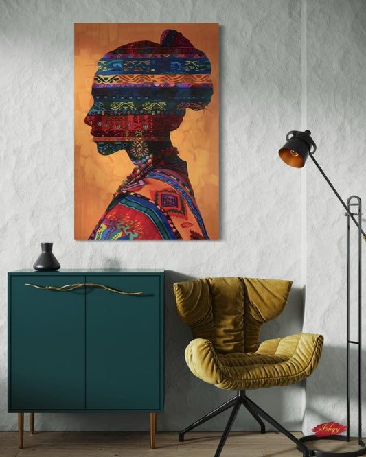 Peruvian Woman Canvas Wall Art, Tribal Textile Silhouette Print, Framed Andean Portrait Painting, Boho South American Wall Decor