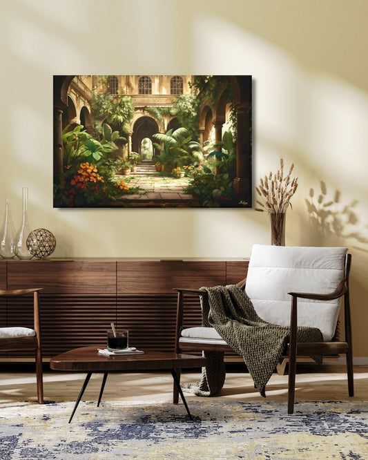 Indian Courtyard Canvas Wall Art, Mughal Garden Framed Print with Arches and Plants, Jaipur Haveli Decor for Living Room or Entryway