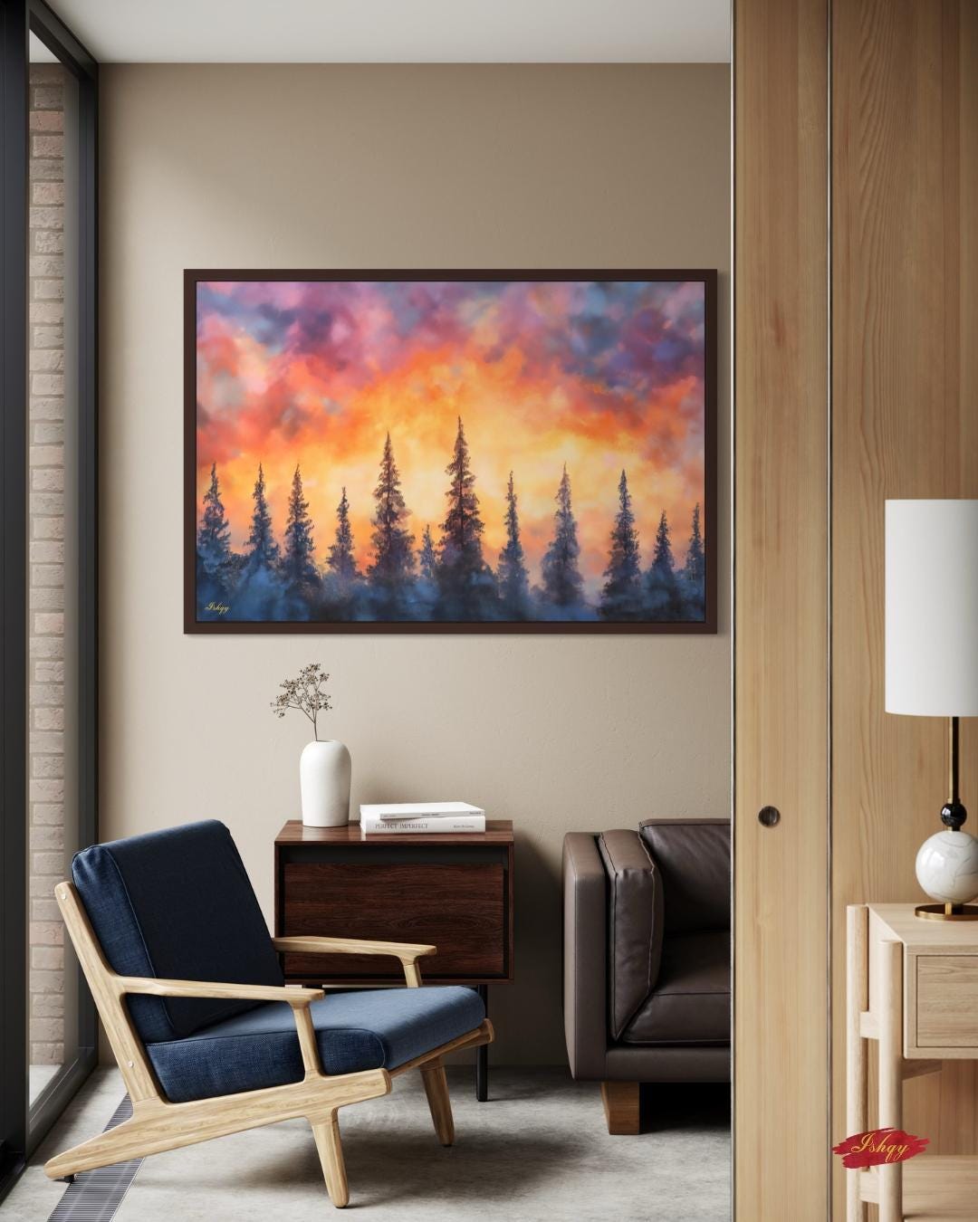 Sunset Pine Forest Painting, Canvas & Framed Canvas Evergreen Tree Wall Art, Colorful Sky Landscape Home Decor Art Print