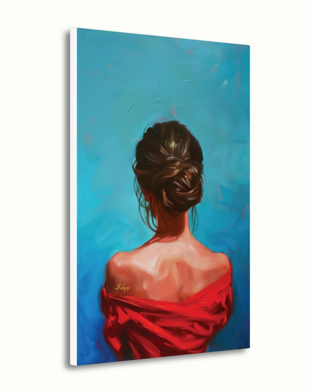 Female Portrait Painting Canvas Framed Canvas, Woman In Red Art Print, Modern Living Room Wall Art, Minimalist Figure Decor, Blue Background