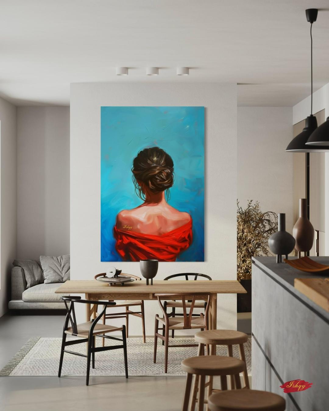 Female Portrait Painting Canvas Framed Canvas, Woman In Red Art Print, Modern Living Room Wall Art, Minimalist Figure Decor, Blue Background