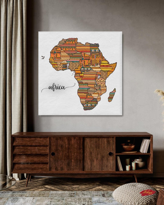 African Map Canvas & Framed Canvas Wall Art, Tribal Pattern Africa Map Painting, Cultural Home Decor Art Print