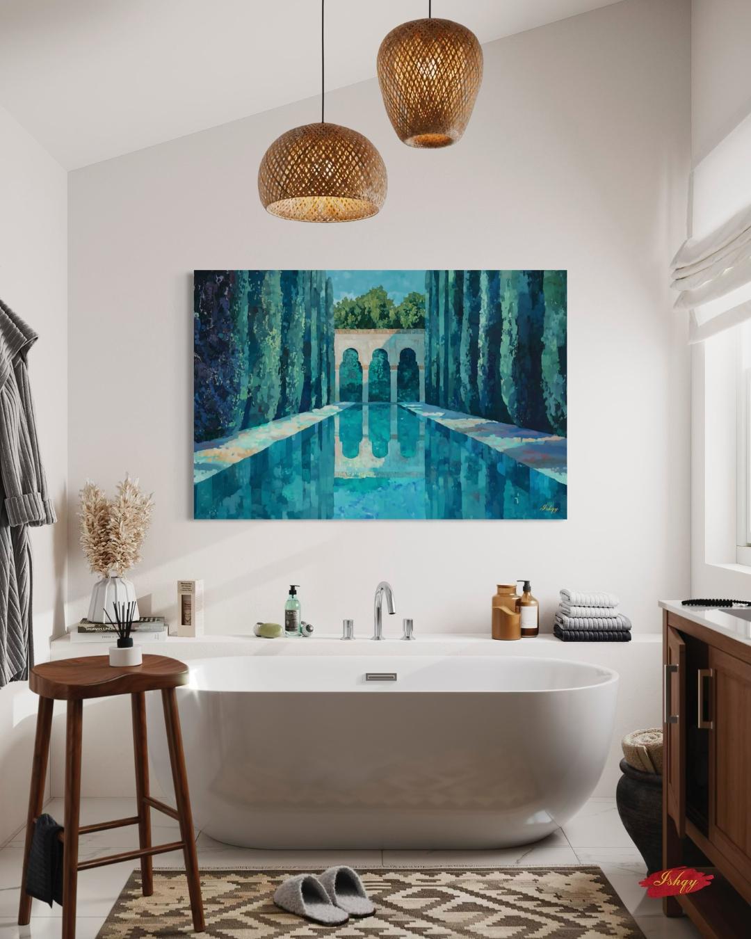 Menara Gardens Morocco Painting Canvas Framed Canvas, Marrakech Wall Art Print, Moroccan Landscape Decor For Living Room, Large Blue Artwork