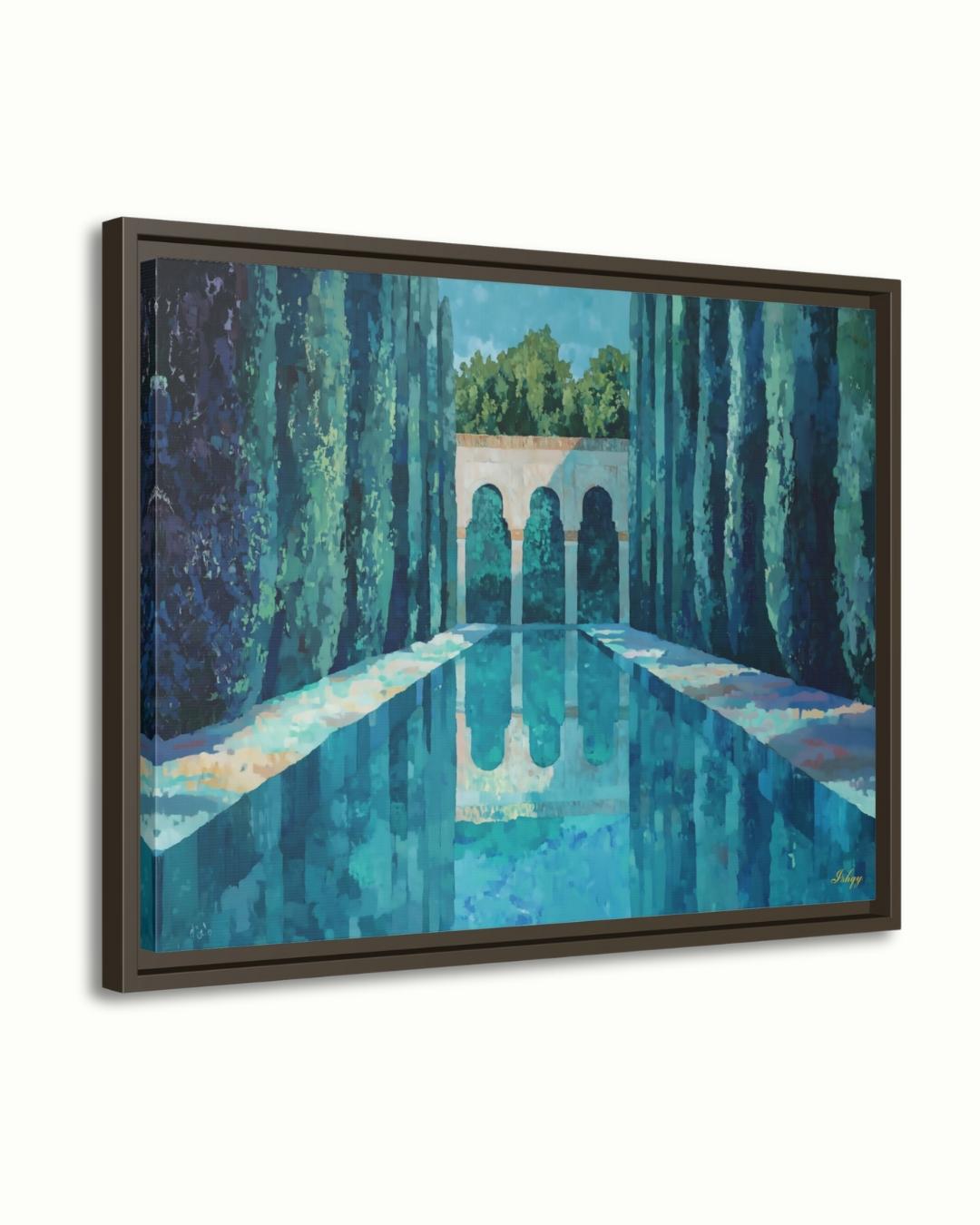 Menara Gardens Morocco Painting Canvas Framed Canvas, Marrakech Wall Art Print, Moroccan Landscape Decor For Living Room, Large Blue Artwork