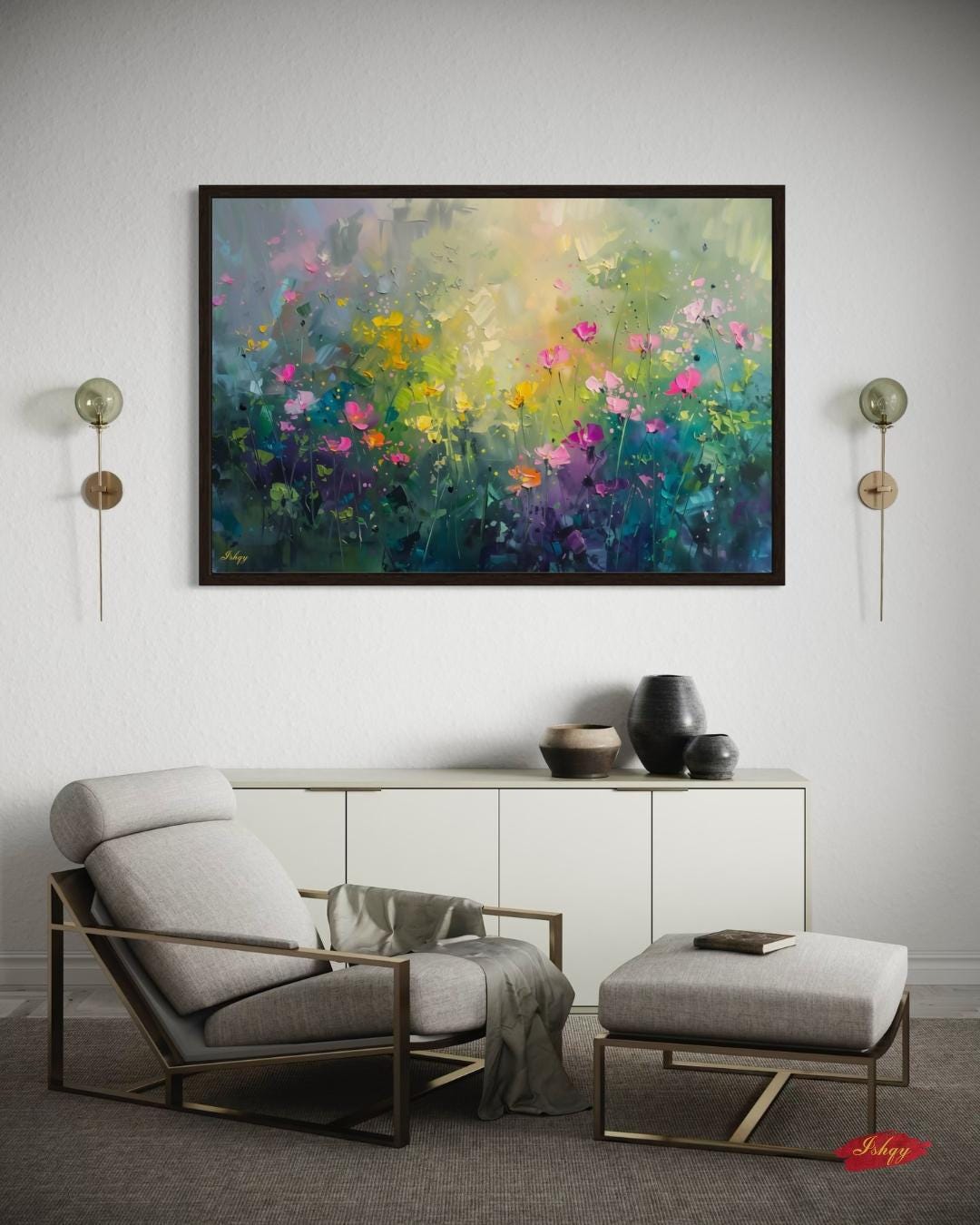 Abstract Wildflower Meadow Painting Print, Canvas & Framed Canvas Floral Wall Art, Colorful Garden Landscape Home Decor Art Print