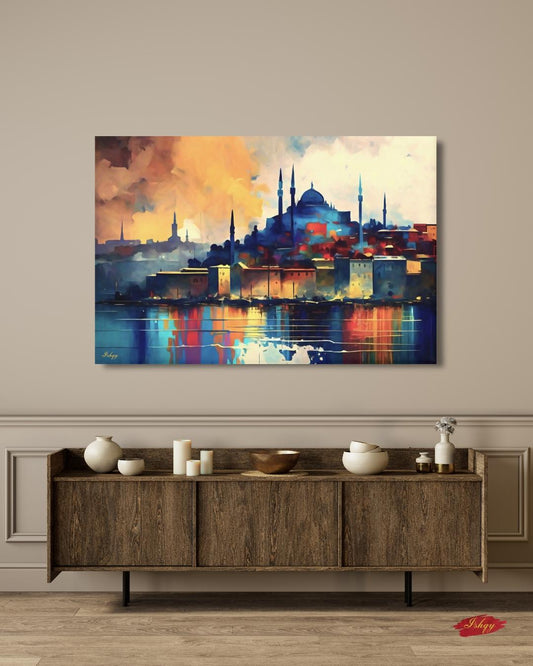 Istanbul Skyline Painting, Canvas & Framed Canvas Turkish Wall Art, Colorful Cityscape Home Decor Art Print