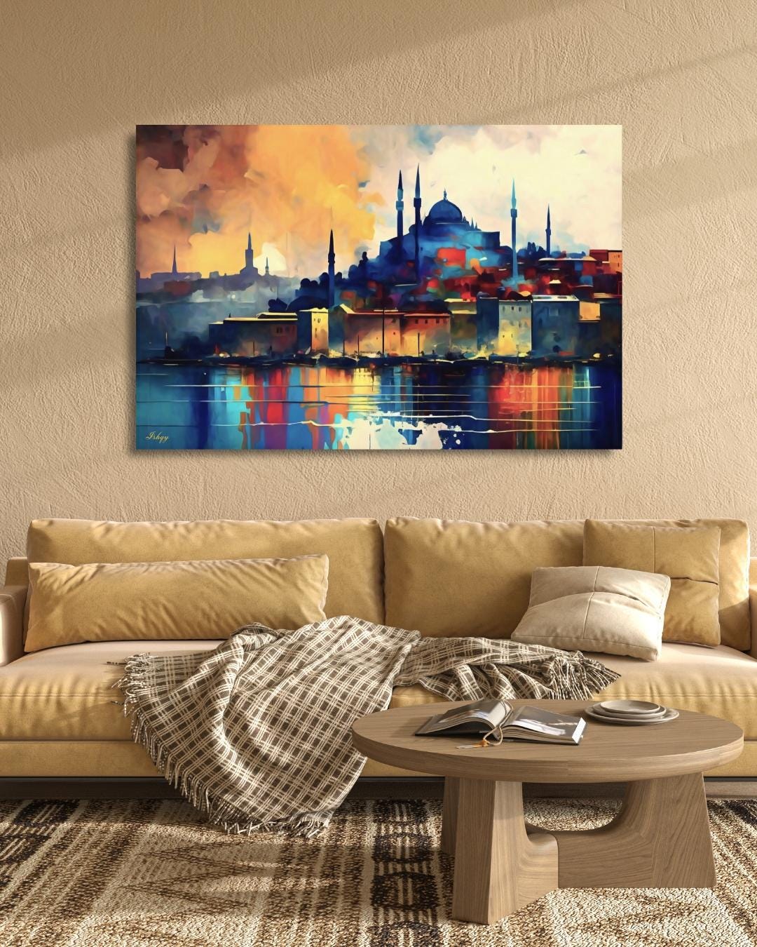 Istanbul Skyline Painting, Canvas & Framed Canvas Turkish Wall Art, Colorful Cityscape Home Decor Art Print