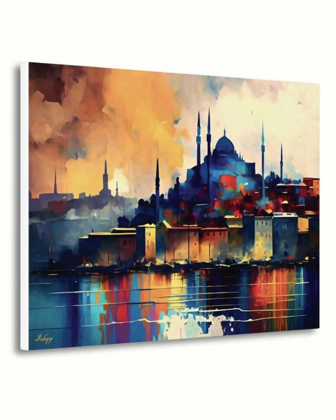 Istanbul Skyline Painting, Canvas & Framed Canvas Turkish Wall Art, Colorful Cityscape Home Decor Art Print