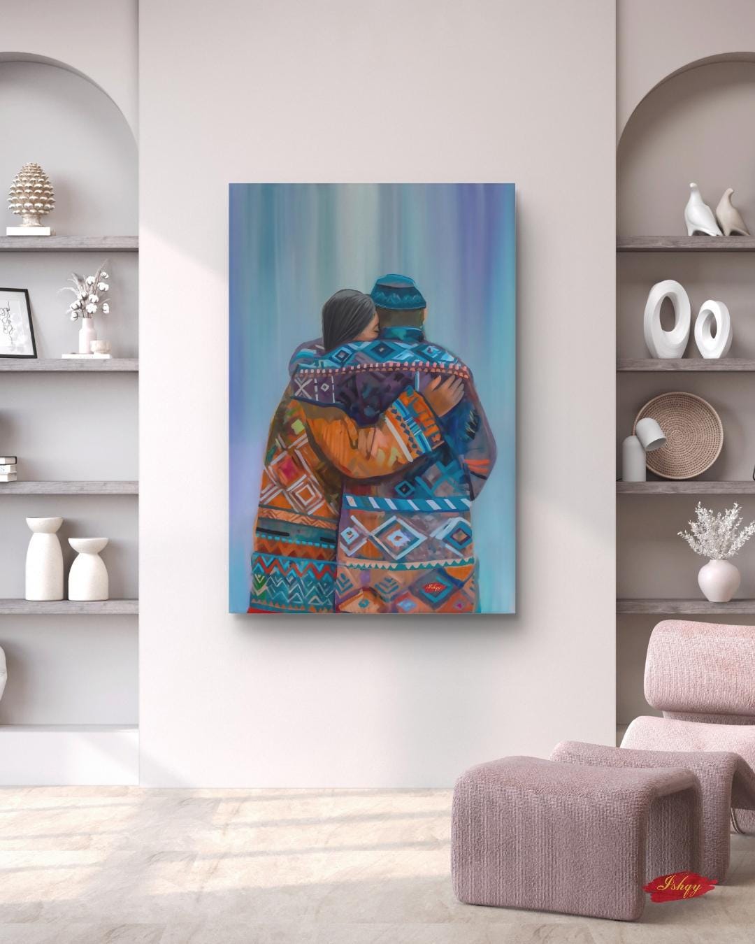 Sami Lovers Painting, Canvas & Framed Canvas Nordic Wall Art, Colorful Scandinavian Couple Home Decor Art Print